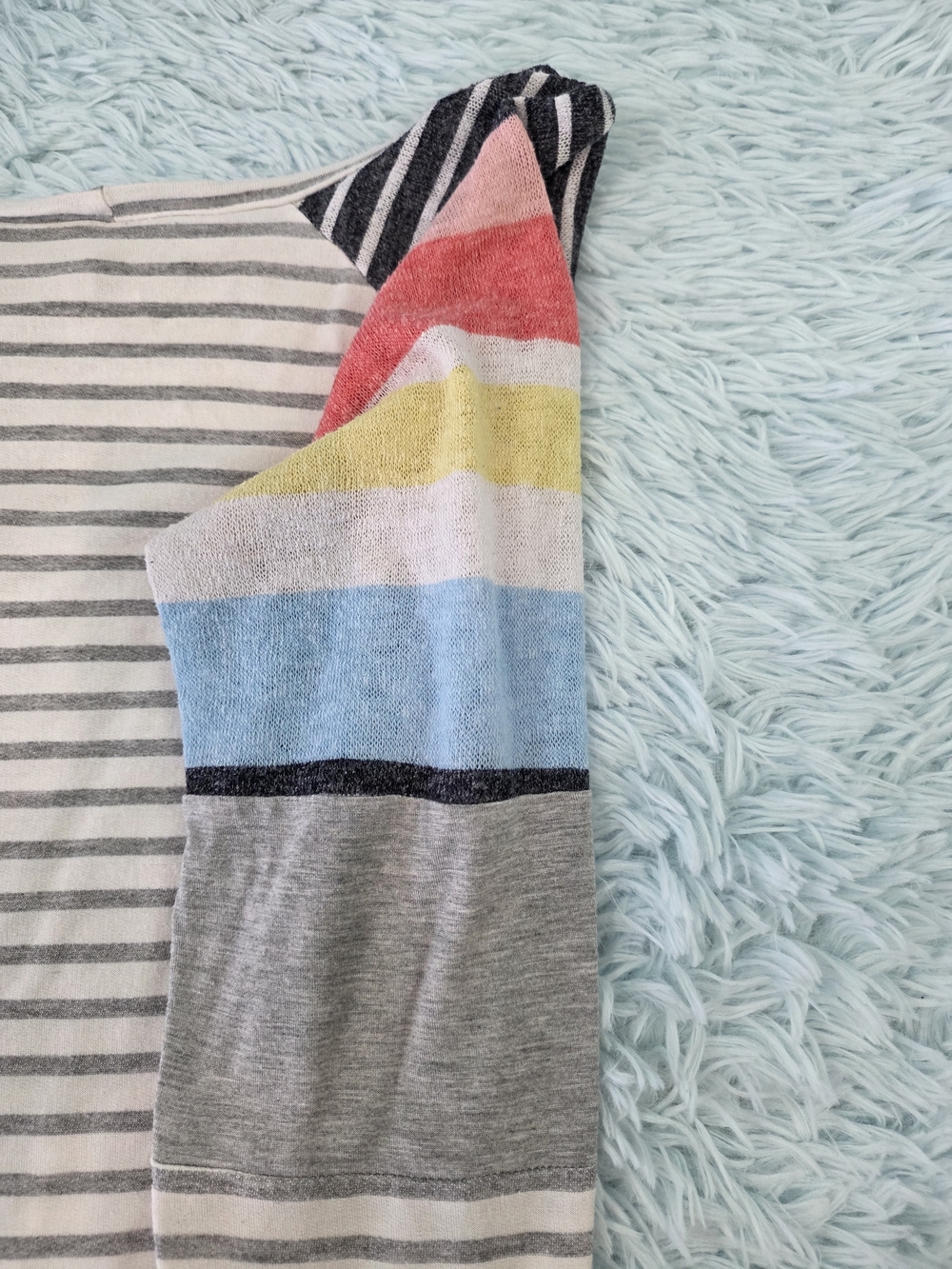 My Story Striped Raglan Top Medium Grey Cream Mixed Pattern Sleeves Boho - Picture 7 of 8